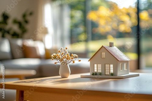 A close-up shot of a house-shaped miniature on a coffee table in the living room of a house. Generative AI
