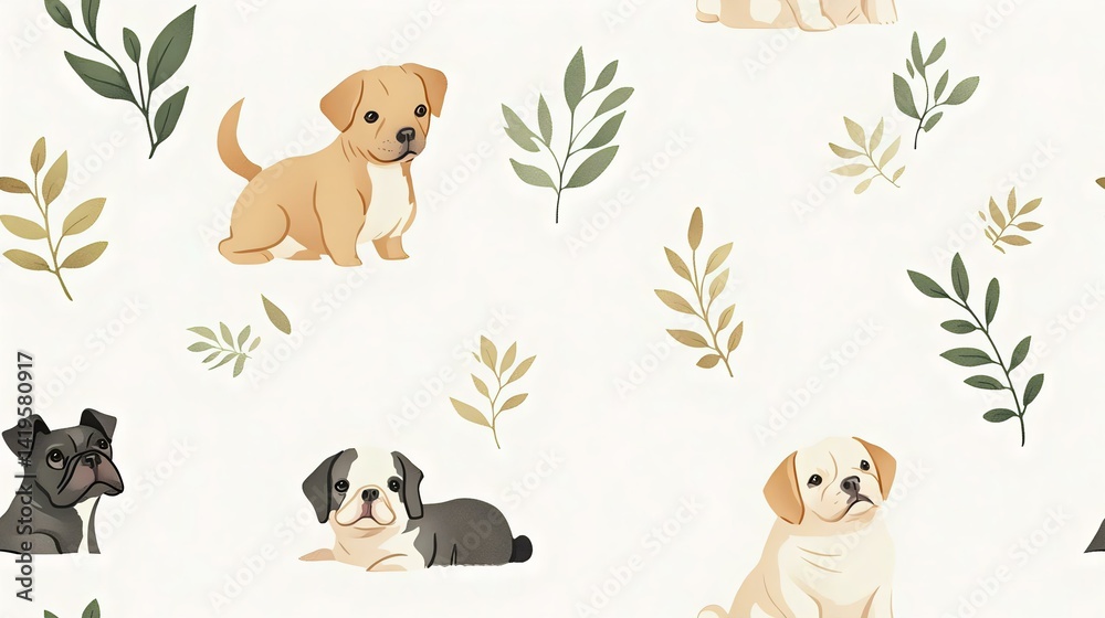 Fototapeta premium Charming illustration of playful puppies amidst delicate foliage. Perfect for pet lovers and whimsical decor.