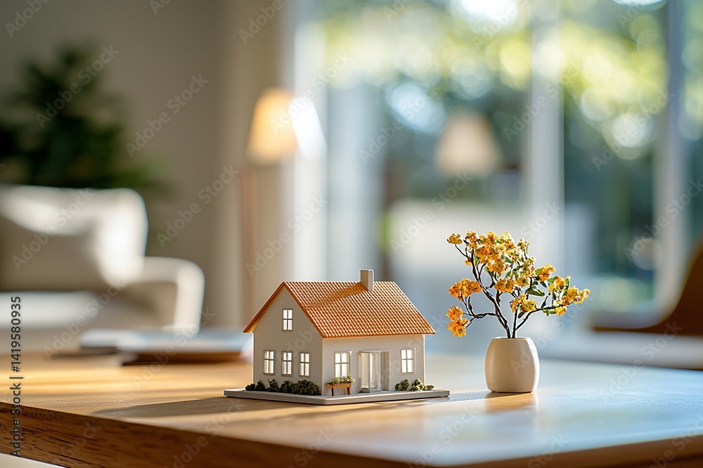 A close-up shot of a house-shaped miniature on a coffee table in the living room of a house. Generative AI