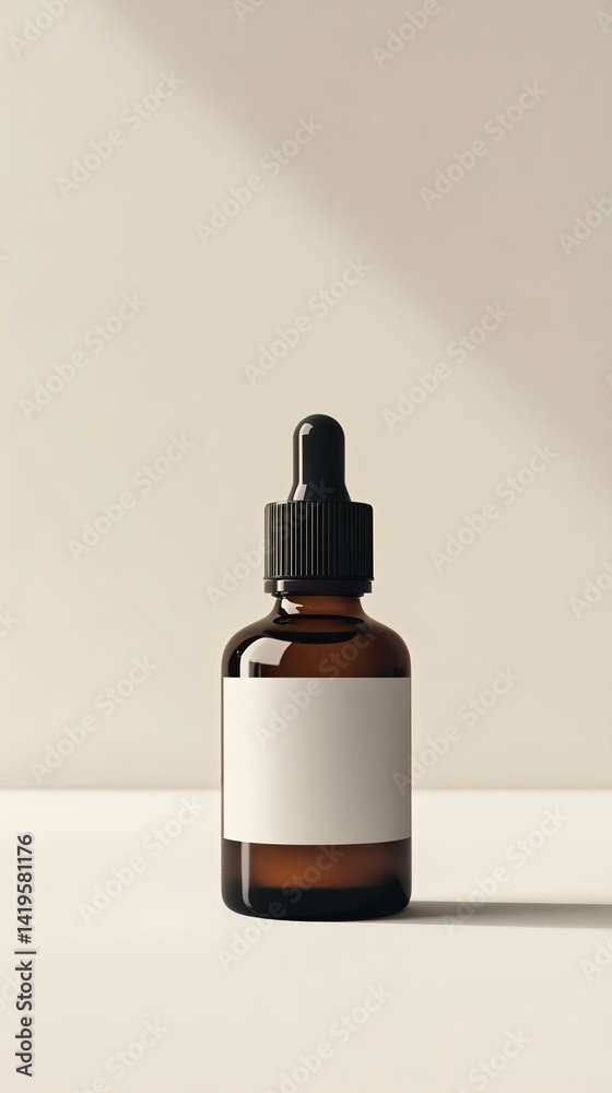 An amber glass dropper bottle with a blank label, set against a soft, neutral background, ideal for cosmetic or wellness products. An amber glass dropper bottle with a blank label, set against a soft, neutral background, ideal for cosmetic or wellness products.