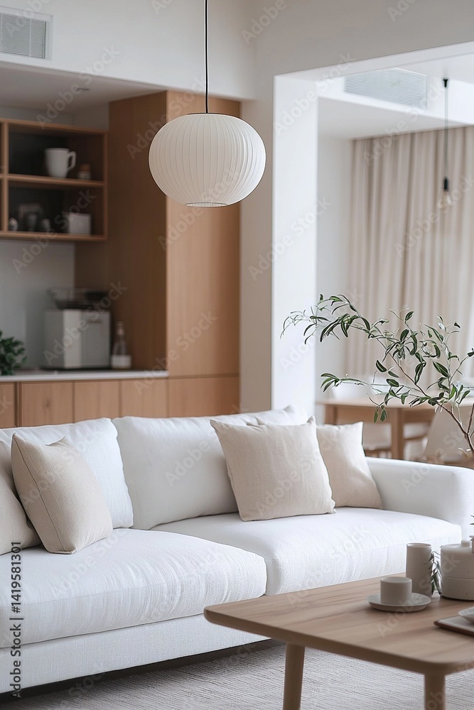 Minimalist, interior design of residential living room with white sofa and wood cabinet. Generative AI