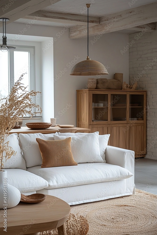 Minimalist, interior design of residential living room with white sofa and wood cabinet. Generative AI