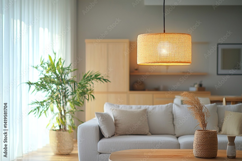 Minimalist, interior design of a living room with a white sofa and wood cabinet. Generative AI