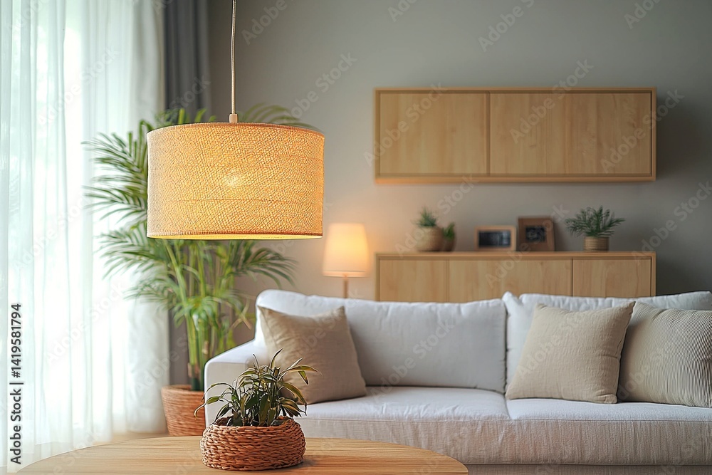 Minimalist, interior design of a living room with a white sofa and wood cabinet. Generative AI