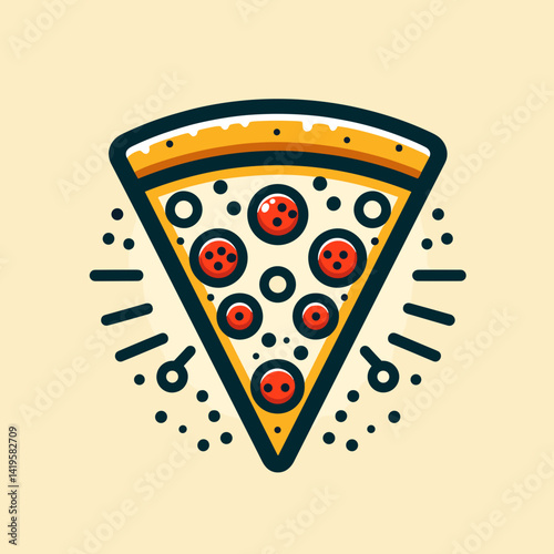 Playful pizza slice illustration with toppings for food and dining concepts
