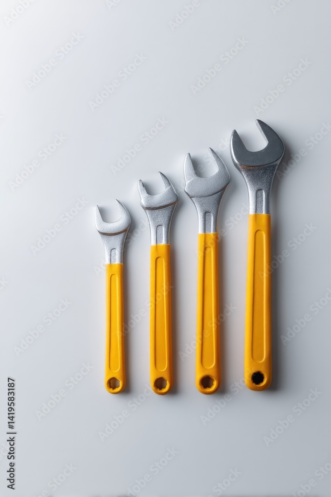 minimalistic image of neatly arranged row of bright tools on white background minimalistic image of neatly arranged row of bright tools on white background