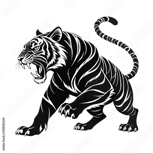Tiger on white background, Angry Tiger Growl: Bold Vector Art for Intense Projects