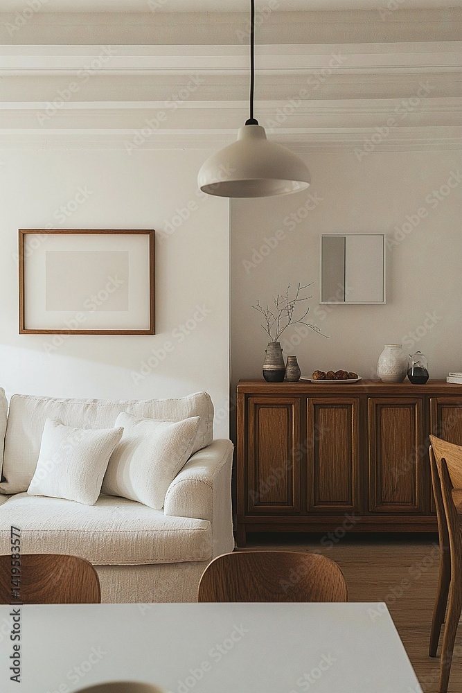 Minimalist interior design in the living room of a house with a white sofa and wood cabinet. Generative AI