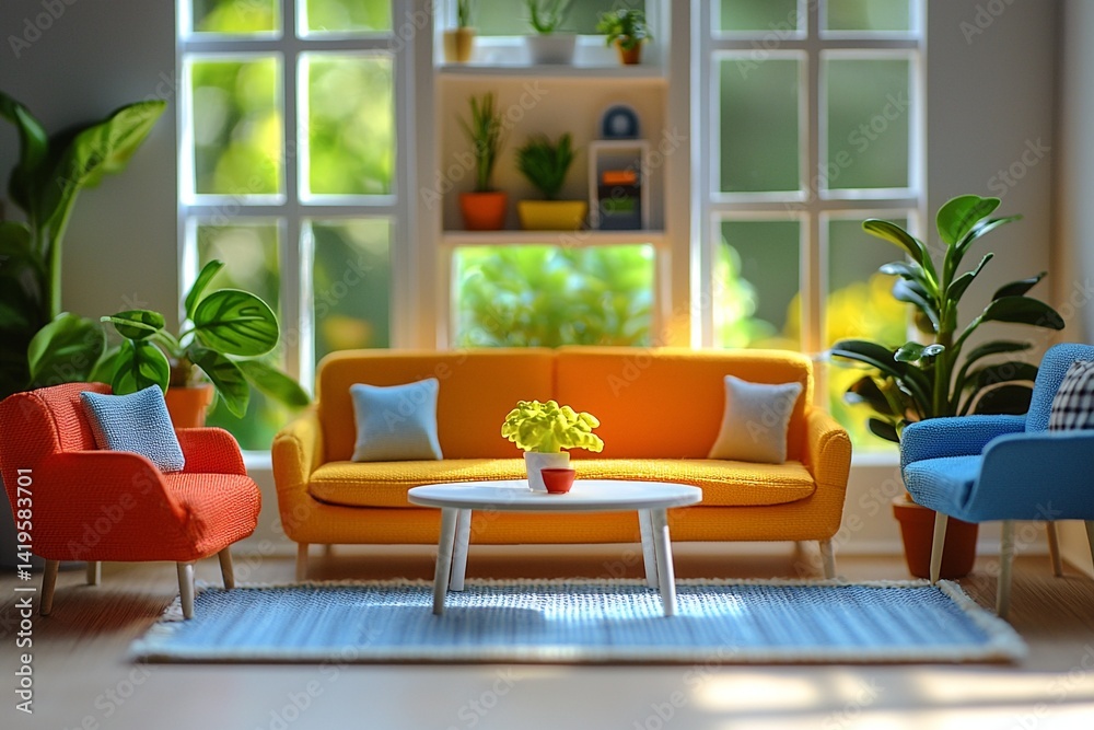It is miniature in the living room of a house where you can see windows, and sofas and furniture. Generative AI