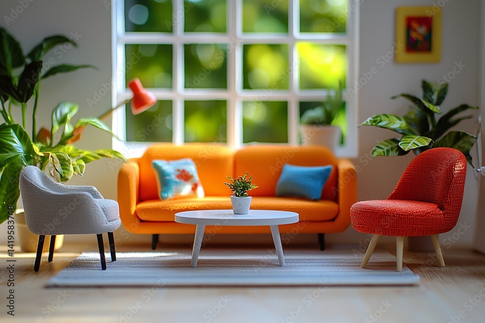 It has a miniature interior with orange sofas and windows. Generative AI