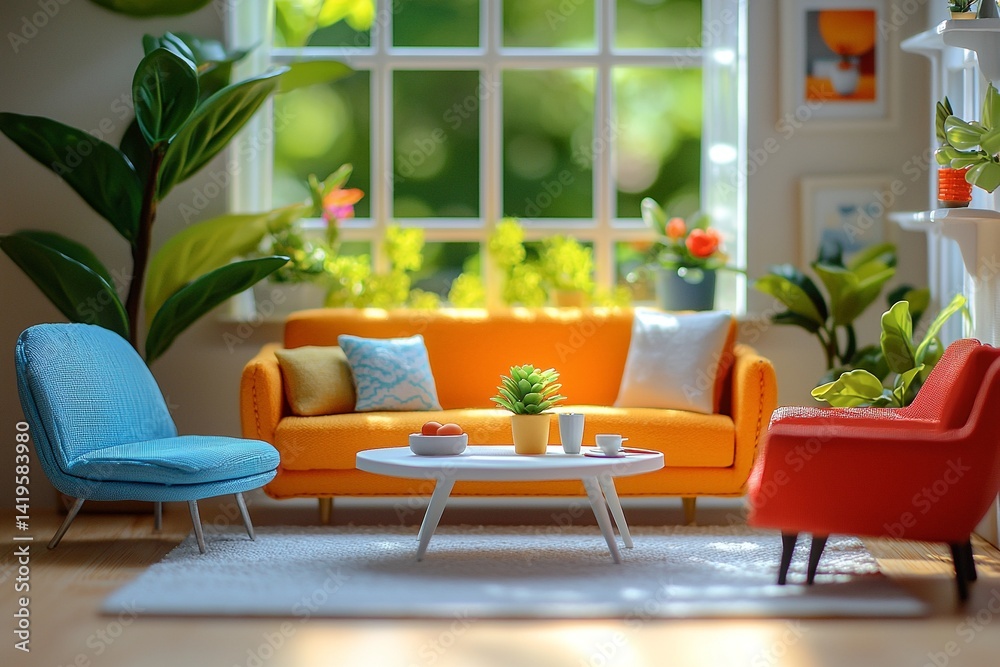 It is miniature in the living room of a house where you can see windows, and sofas and furniture. Generative AI