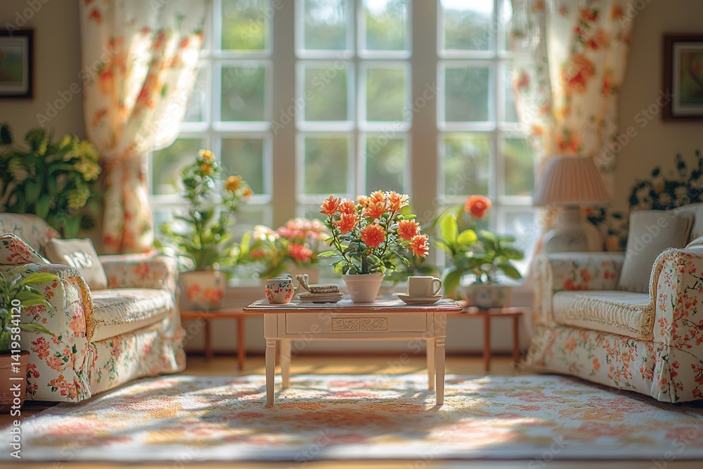 It is miniature in the living room of a house where you can see windows, and sofas and furniture. Generative AI