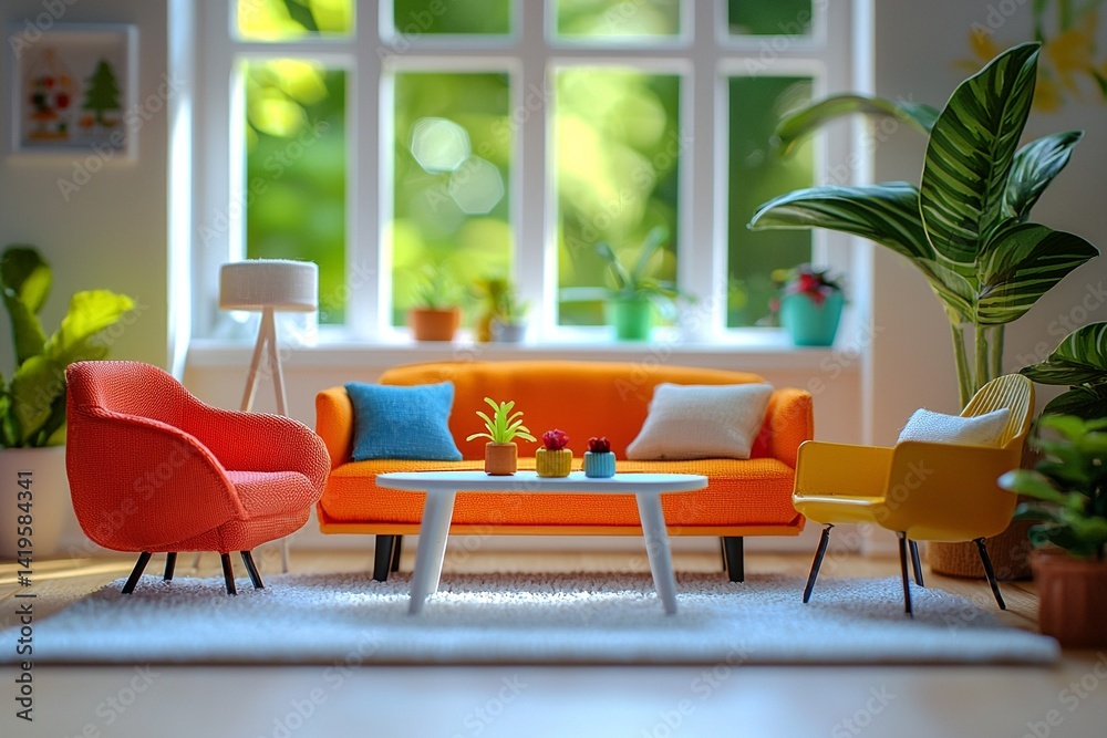 It has a miniature interior with orange sofas and windows. Generative AI