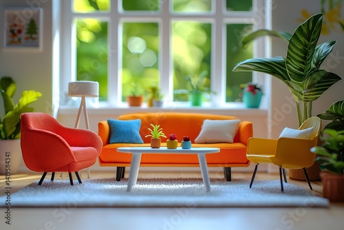 Obraz na płótnie It has a miniature interior with orange sofas and windows. Generative AI
w salonie