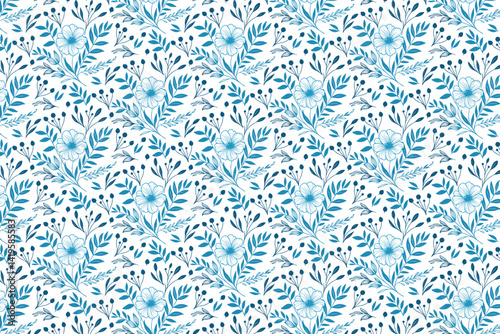 modern blue floral seamless pattern with one line art illustrations of roses and leaves for pillowcases and gift wraps


