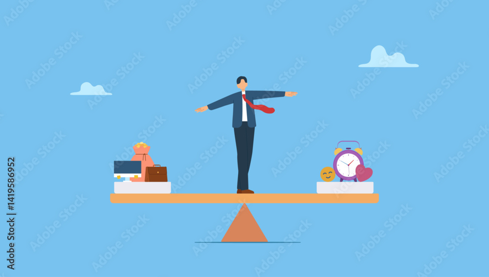 Fototapeta premium Vector illustration of work life balance concept. Employee, entrepreneur, businessman tries to balance his body on a seesaws. 