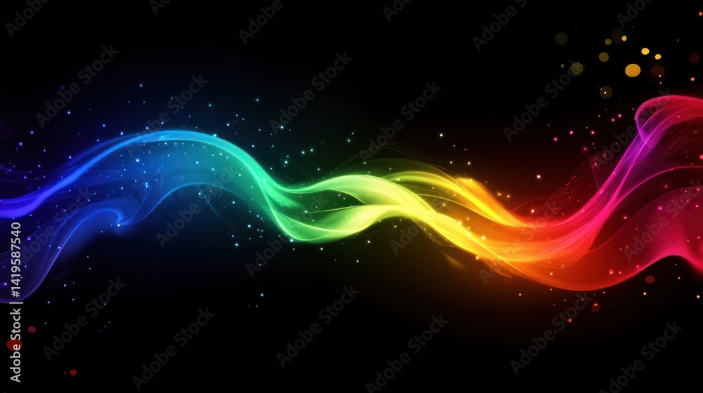 Fototapeta premium Rainbow wave energy flow, dark background, sparkle, abstract design, website banner
