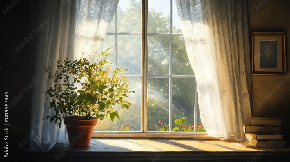 Potted plant sits on windowsill illuminated by soft sunlight Potted plant sits on windowsill illuminated by soft sunlight