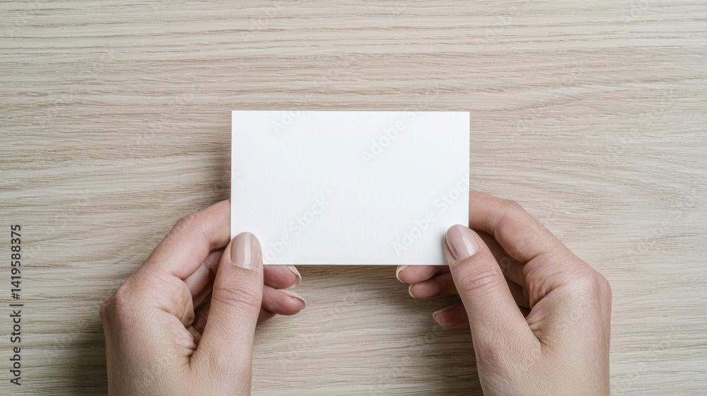 Obraz premium Blank paper held in hands on light wood table