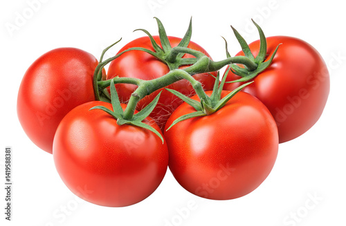 Fresh ripe tomatoes with rich red color and vibrant green stems shown close together on white background perfect for recipes or healthy eating promotions photo