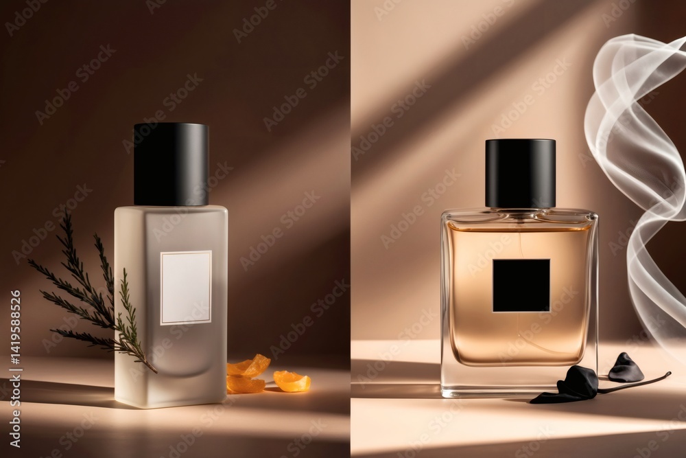 Elegant perfume bottles displayed on a soft, neutral background during daylight Generative AI Elegant perfume bottles displayed on a soft, neutral background during daylight Generative AI