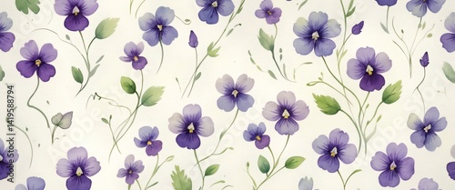 Beautiful purple flowers with green leaves on a light background Generative AI