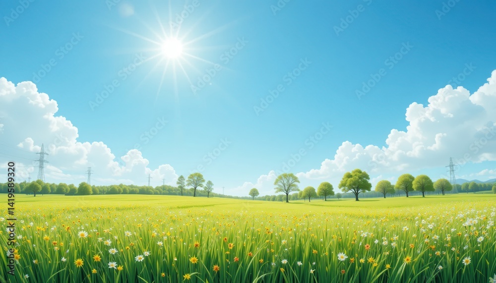 Vibrant spring day with lush green fields and bright sky nature landscape photography serene environment panoramic view tranquility concept Vibrant spring day with lush green fields and bright sky nature landscape photography serene environment panoramic view tranquility concept