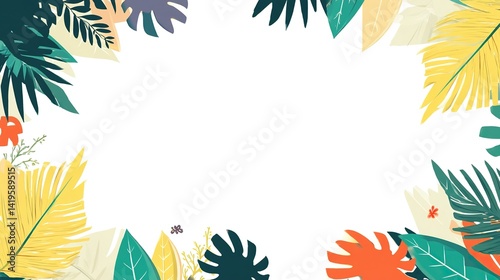 Wallpaper Mural Flat vector design with white background showing colorful tropical leaves, placed along the top and bottom of the frame, perfect for social media banners or summer graphics. Torontodigital.ca