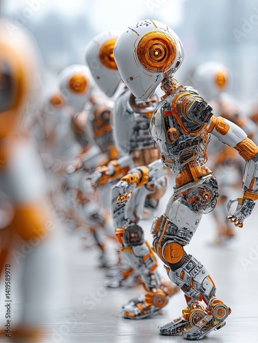 Robotic demo expo Futuristic robots lined up for a technological advancement showcase. expo technology