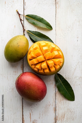 Mango fruit on white wooden background