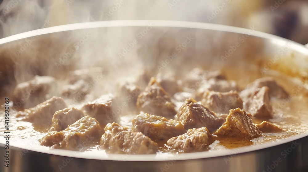 A close-up of simmering beef stew in a pot, releasing steam, with a cozy kitchen background A close-up of simmering beef stew in a pot, releasing steam, with a cozy kitchen background