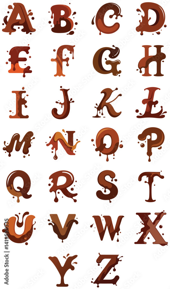 Naklejka premium Delicious Chocolate Alphabet Font with Dripping and Splatter Style