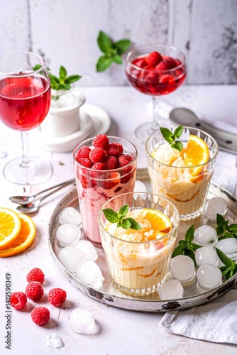 Almond milk and orange zest granita with fresh raspberries in glasses on a vintage metal tray