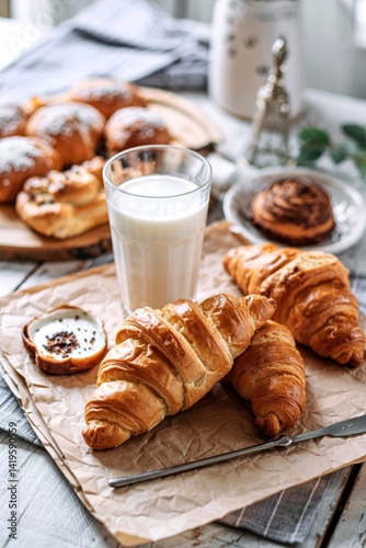 Morning breakfast with fresh croissants and cup of milk on old wooden table