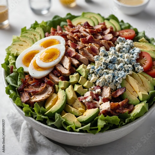 This delicious and healthy meal features a fresh salad with chicken, tuna, and various colorful vegetables on a plate, perfect for a light lunch or dinner
