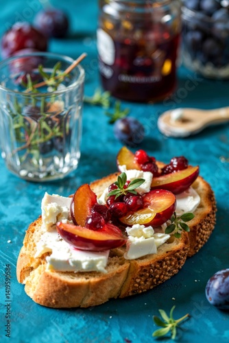 Crostini, bruschetta with plum, berry marmalade and goat cheese on a blue turquoise blue background