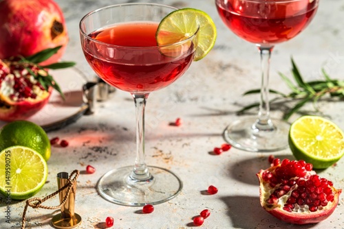 Pomegranate martini with slices of lime and pomegranate seeds