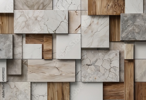 Fototapeta Naklejka Na Ścianę i Meble -  a modern wall composed of variously textured and colored rectangular panels of marble and wood creates a striking three-dimensional effect.