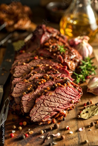 Braised beef brisket with herbs and spices on cutting board