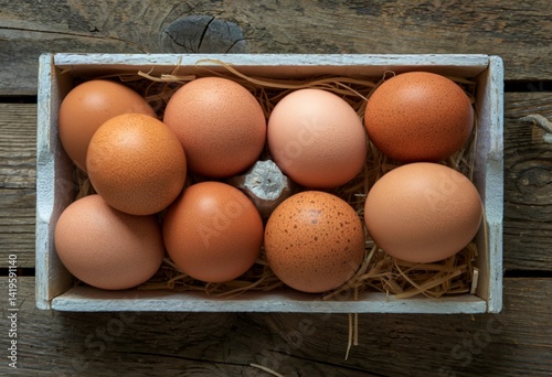 Brown eggs in wooden box on wooden table