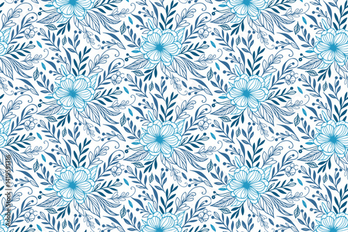 abstract seamless blue line art floral texture featuring roses cotton blooms and doodle leaves for wrapping paper and pillowcases

