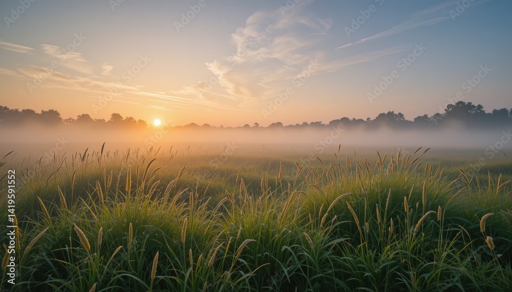 Obraz premium Calm sunrise over misty grasslands serene nature landscape early morning atmosphere peaceful view tranquility and renewal
