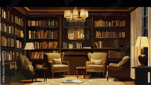 Elegant Home Library with Large Bookshelves.eps
