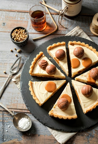 White chocolate, rum and caramel tart on a stone plate on a wooden background