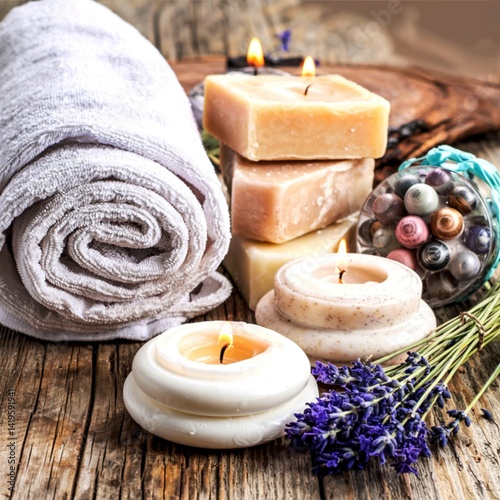 Natura Spa and Wellness with burning Candles, Lavander Bouquet and Homemade Soaps
