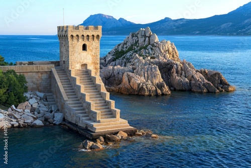 Old tower stone stairs isolated in blue sea water background with rocks and mountain
