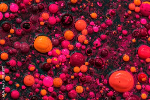 An abstract background of bobbly mixed pink, orange, and dark oil-based paints on a dark surface