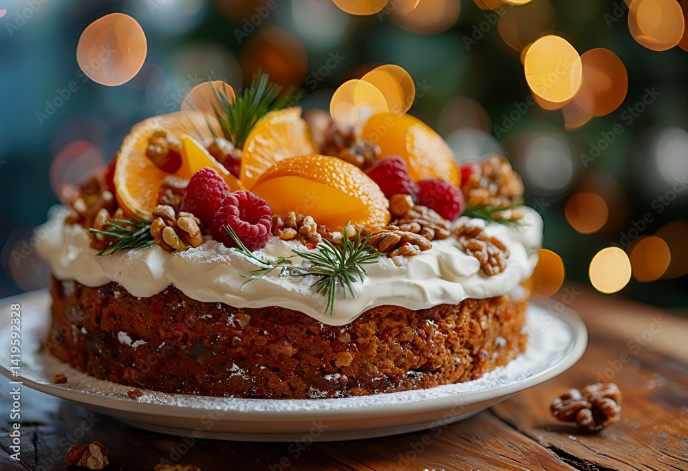 Obraz premium a beautifully decorated festive cake with orange slices, raspberries, and walnuts sits on a wooden surface with a blurred bokeh background of holiday lights.