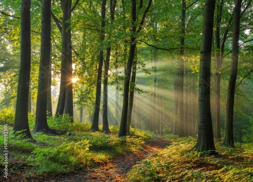 Beautiful autumn dawn in beech forest