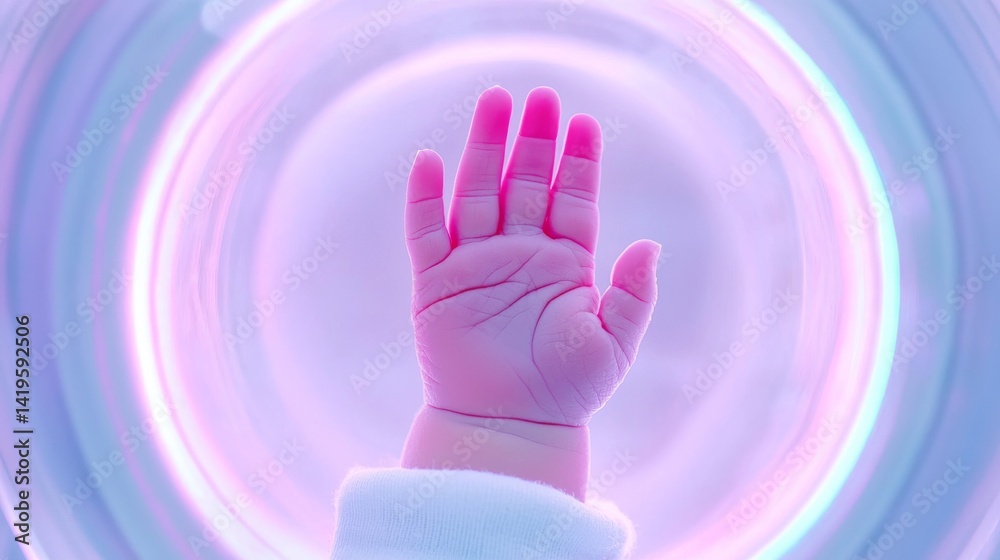 Obraz premium Delicate Tiny Hand of a Baby Reaching Upwards Against a Colorful Background